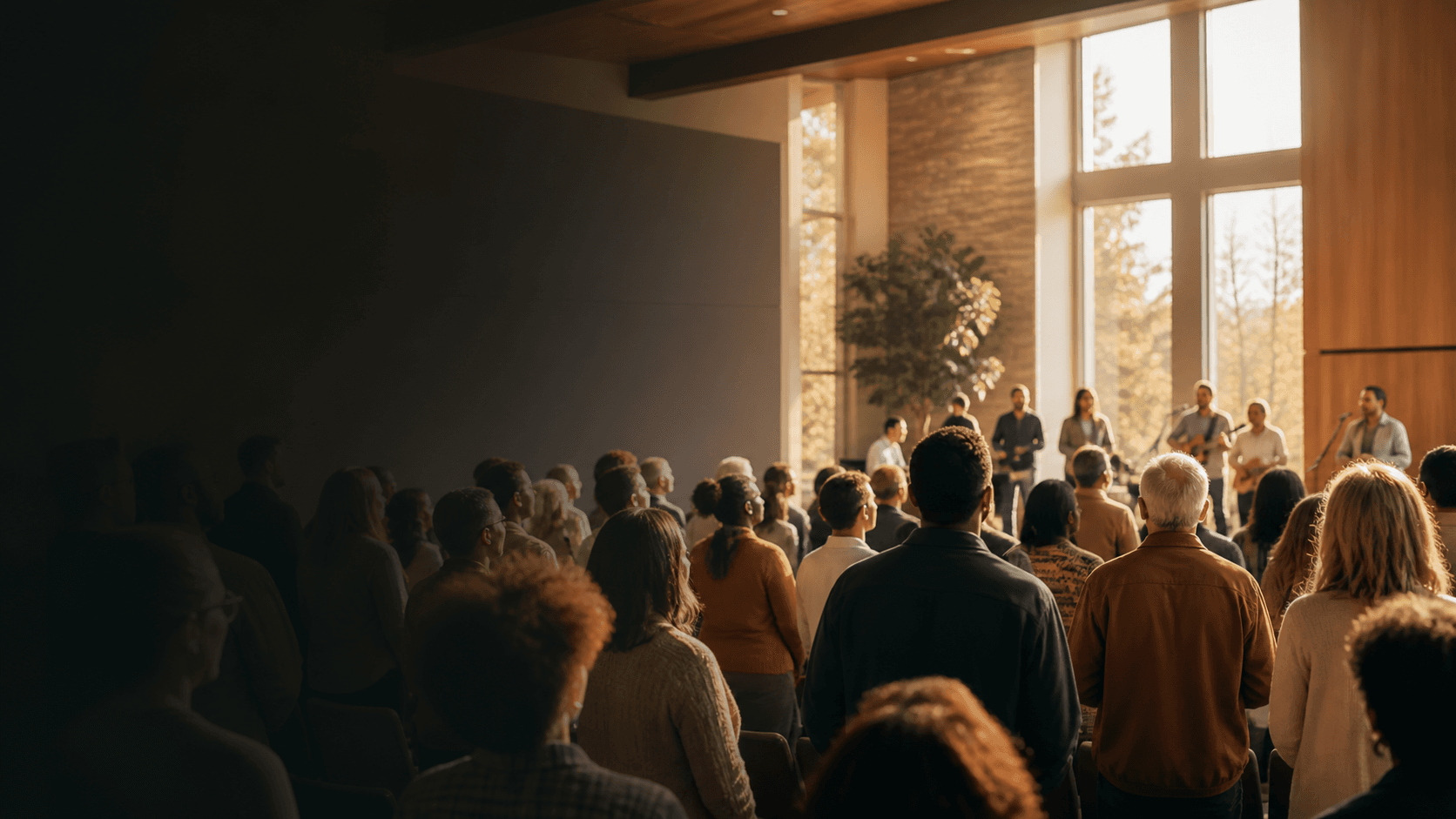A diverse community gathered in a bright, contemporary worship space
